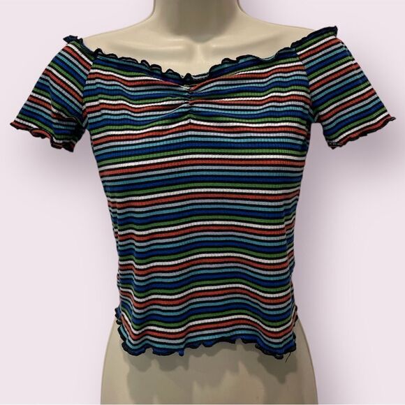 Ambiance Colorful Striped Off the Shoulder Crop Top Size Medium - Picture 1 of 2